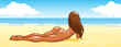 © kseniyaart - Sexy girl in a bikini with a round ass and long legs is lying on the beach and looking at the sea. Summer vacation, a woman sunbathes on the sand, the sea coast. Wide horizontal format, vector