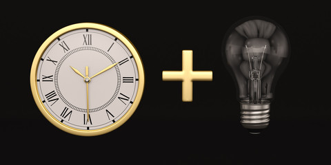 Gold clock and light bulb on black background. 3D illustration.