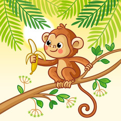 Monkey sits on a tree and eats a banana. Cute animal in cartoon style.