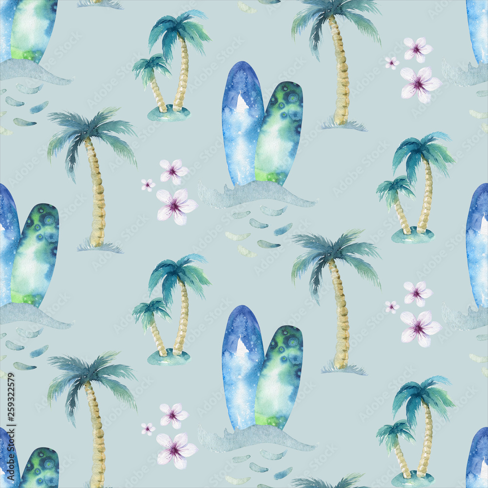 Watercolor style seamless surfing pattern of surf man and woman surfers ...