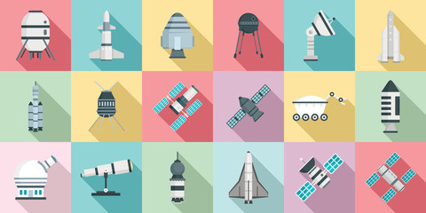 Space research technology icons set. Flat set of space research technology vector icons for web design