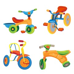 Sticker - Tricycle icons set. Cartoon set of tricycle vector icons for web design