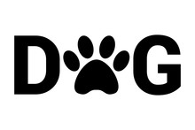 Black Dog Text With Animal Paw Print Instead Letter O. Pet Footmark In Word Dog. Minimalist Domestic Animal Vector Logo Ready For Web And Print.