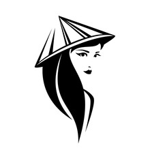 Beautiful Thai Woman With Long Black Hair Wearing Traditional Asian Conical Hat Vector Portrait