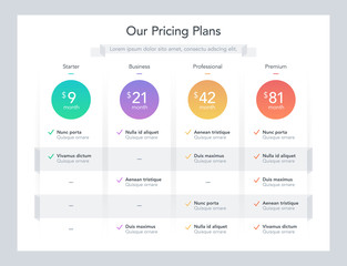 Modern pricing table with four subscription plans and place for description. Flat infographic design template for website or presentation.