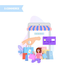 Wall Mural - Woman rejoices shopping online, on the background of the tablet and bags, concept illustration