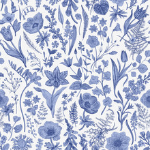 Spring Magic. Seamless Floral Pattern. Blue And White. Toile De Jouy. Vector Vintage Illustration.