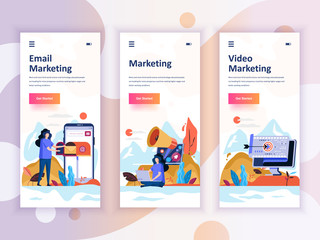 Set of onboarding screens user interface kit for Video, Email, Digital Marketing, mobile app templates concept. Modern UX, UI screen for mobile or responsive web site. Vector illustration.