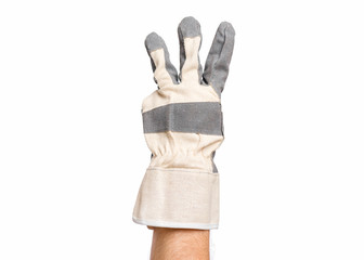 Worker showing three fingers up gesture. Male hand wearing working glove, isolated on white background.