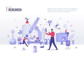 Wall Mural - Research Flat Illustration Concept. Search for information, analyze business processes. Scientific approach in problem solving