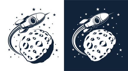 Space Rocket flies around the planet with craters similar to the moon. Retro stamp style vector illustration.