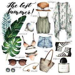 Watercolor Fashion Illustration. set of trendy accessories.The best summer. cardigan, t-shirt, hat, shorts, swimsuit, sandals, ring, sunglasses, earrings, bracelet, bag,perfume.