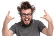 © DenisNata - Crazy Bearded happy Man with funny Haircut in Eyeglasses making rock and roll gesture. Cheerful and silly guy, isolated on white background.