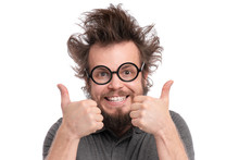 Crazy Bearded Happy Man With Funny Haircut In Eyeglasses Making Thumbs Up Gesture. Cheerful And Silly Guy, Isolated On White Background.
