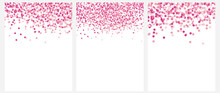 Set Of 3 Varius Abstract Geometric Vector Layouts. Pink Tiny Falling Confetti On A White Background. Pink Confetti Rain Vector Design. Simple Bright Layouts Without Text.