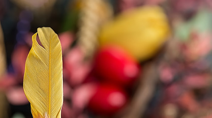 Wall Mural - Decorative yellow feather on a blurry background with red eggs and dry grass. Soft focus, dark moody image, low key. Copy space. Closeup.