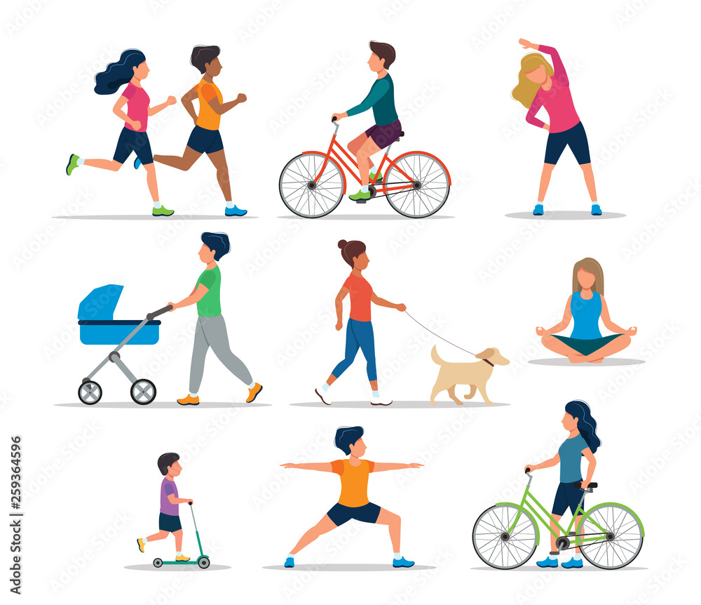People doing various outdoor activities, isolated. Running, on bike, on scooter, walking the dog, exercising, meditating, walking with baby carriage. Vector illustration of healthy lifestyle. - obrazy, fototapety, plakaty 