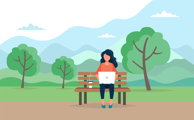 Wall Mural - Woman with laptop sitting on the bench in the park. Concept illustration for freelance, working, studying, education, work from home, healthy lifestyle. Vector illustration in flat style