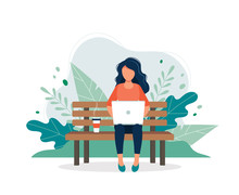 Woman With Laptop Sitting On The Bench In Nature And Leaves. Concept Illustration For Freelance, Working, Studying, Education, Work From Home, Healthy Lifestyle. Vector Illustration In Flat Style