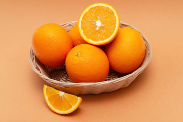 basket of oranges on an orange background