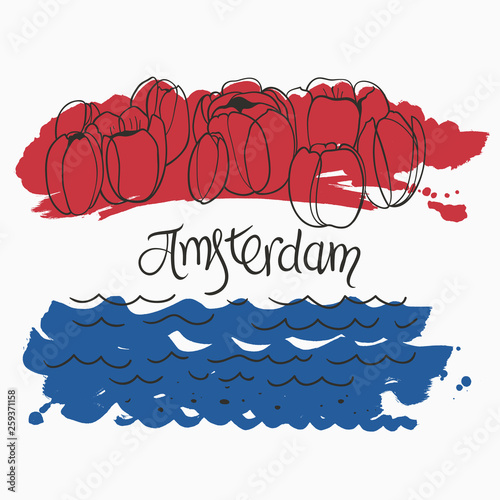 Banner With Stylised Netherlands Flag And Doodle Tulips Buy This