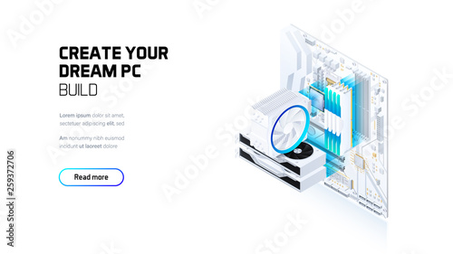Fotografía Gaming, workstation and mining computer isometric illustration, custom assembly