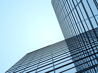 Poster - 3D stimulate of high rise curve glass building and dark steel window system on blue clear sky background,Business concept of future architecture,lookup to the angle of the corner building.