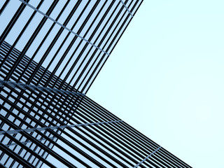 Poster - 3D stimulate of high rise curve glass building and dark steel window system on blue clear sky background,Business concept of future architecture,lookup to the angle of the corner building.