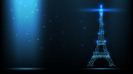 Abstract vector Illustration wireframe telecommunications signal transmitter, france radio antenna eiffel tower from lines and triangles, point connecting network on dark background