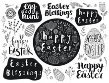 Vector Set Of Easter Hand Drawn Lettering, Eggs, Doodle