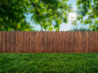 Wall Mural - spring tree in backyard and wooden garden fence