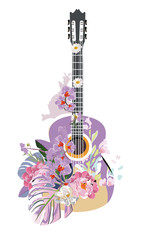 Abstract guitar decorated with summer and spring flowers. palm leaves, notes