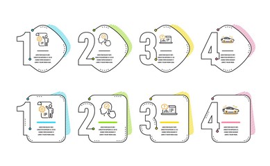 Poster - Select user, Online help and Settings blueprint icons simple set. Car sign. Head with checkbox, Web support, Engineering cogwheel. Transport. Business set. Infographic timeline. Line select user icon