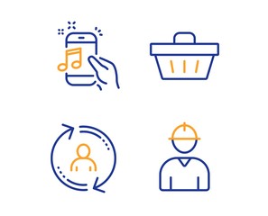 Poster - User info, Music phone and Shopping basket icons simple set. Engineer sign. Update profile, Radio sound, Sale offer. Worker profile. Business set. Linear user info icon. Colorful design set. Vector