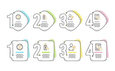 Poster - Phone payment, Headhunter and User idea icons simple set. Internet report sign. Mobile pay, Aim with question mark, Light bulb. Web tutorial. Business set. Infographic timeline. Vector