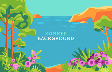 Aufkleber - Vector illustration in trendy flat and simple style - background with copy space for text - summer landscape - background for banner, greeting card