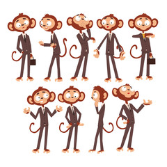 Sticker - Monkey businessman cartoon character dressed in human suit, funny animal in different poses vector Illustration on a white background