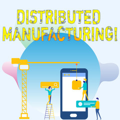 Poster - Conceptual hand writing showing Distributed Manufacturing. Concept meaning practiced by enterprises using network facilities Staff Working Together Target Goal with SEO Process Icons