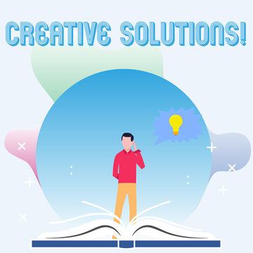 Text sign showing Creative Solutions. Business photo showcasing mental process of creating unique solutions to problem Man Standing Behind Open Book, Hand on Head, Jagged Speech Bubble with Bulb