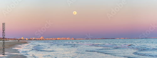 Panorama Sur Une Plage Avec La Lune Au Coucher De Soleil