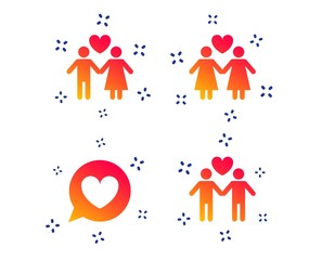 Wall Mural - Couple love icon. Lesbian and Gay lovers signs. Romantic homosexual relationships. Speech bubble with heart symbol. Random dynamic shapes. Gradient love icon. Vector