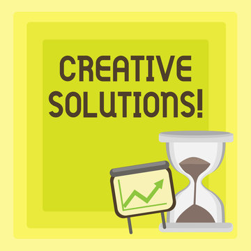 Handwriting text writing Creative Solutions. Conceptual photo mental process of creating unique solutions to problem Successful Growth Chart with Arrow Going Up and Hourglass with Sand Sliding