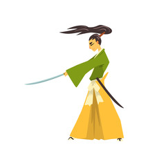 Canvas Print - Samurai cartoon character with katana, Japanese warrior in traditional clothes vector Illustration on a white background