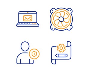 Poster - Computer fan, Security and E-mail icons simple set. Cogwheel blueprint sign. Pc ventilator, Person protection, New message. Edit settings. Linear computer fan icon. Colorful design set. Vector