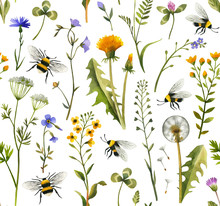 Hand Painted Watercolor Wildflowers And Bees. Seamless Pattern On White Background.