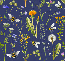 Hand Painted Watercolor Wildflowers And Bees. Seamless Pattern On Dark Blue Background.