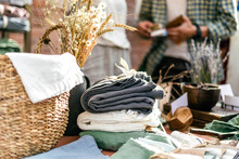 Textile, Homemade Goods, Wicker Basket On The Summer Outdoor Vintage And Fashion Designer Market