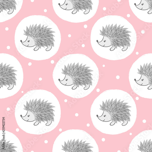 Watercolor cute hedgehogs pattern. Vector seamless dotted background for kids.