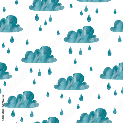 Seamless vector pattern with watercolor clouds and rain drops. Rainy background.