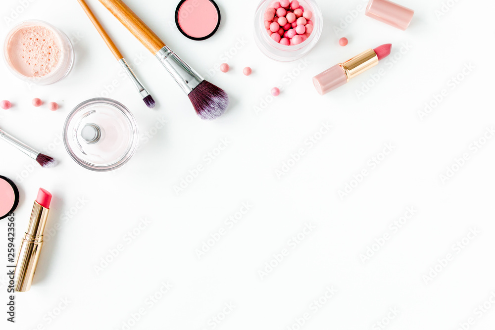 Professional decorative cosmetics, makeup tools on white background. Flat composition beauty, fashion. flat lay, top view - obrazy, fototapety, plakaty 
